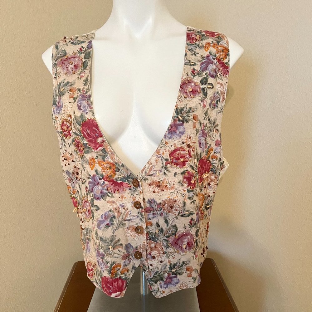 Jane Ashley Floral Beaded Front Vest - Size M
